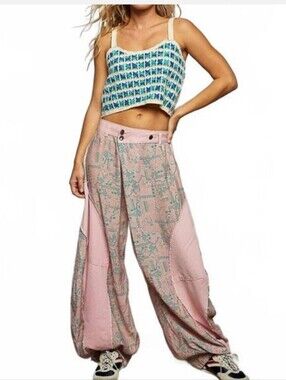 POL Pink Patchwork Wide-Leg Printed Pants